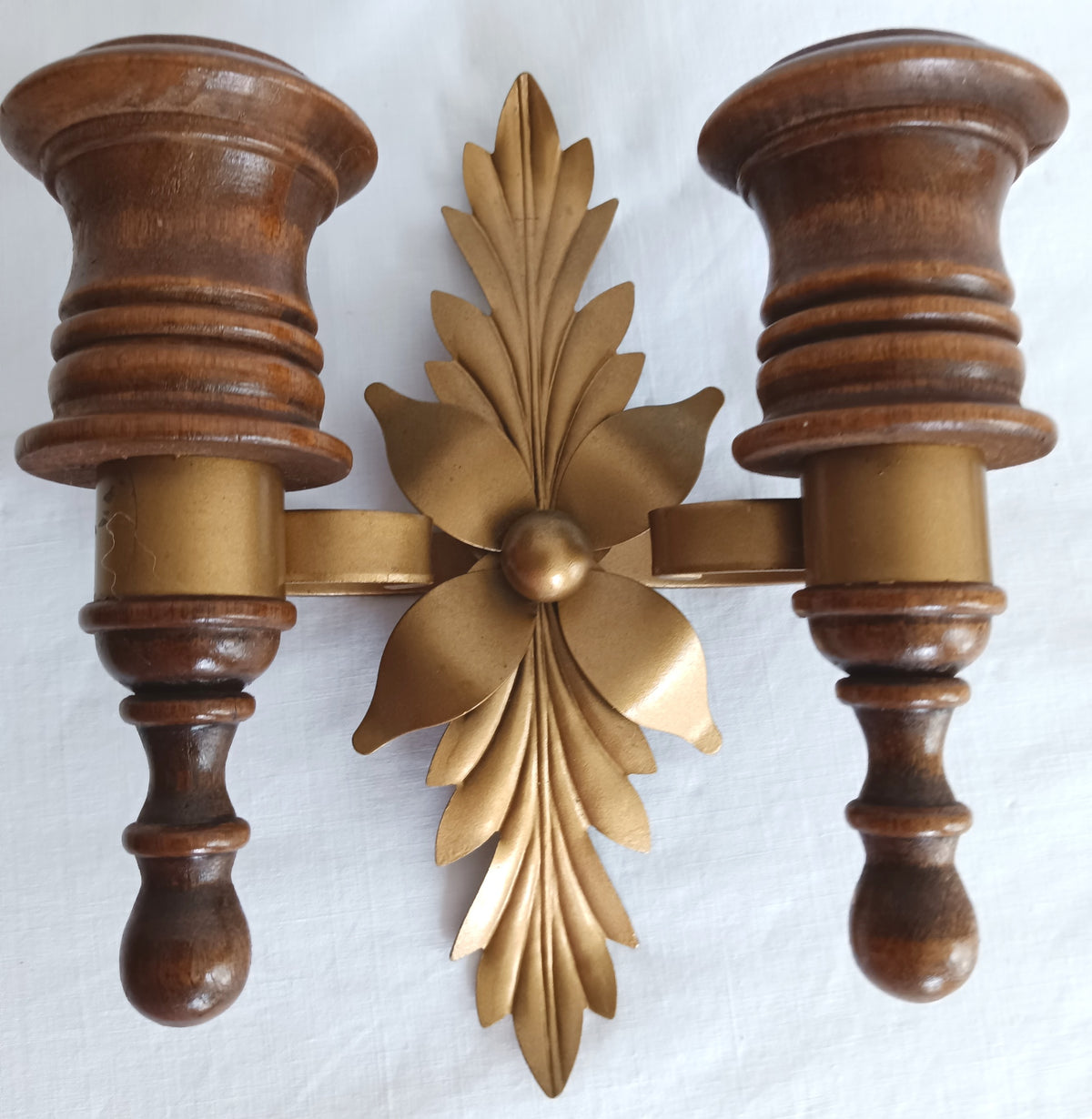 Vintage Wall Mounted Pair Homco Double Candle Holder Sconces Wood Brass Gold Leaf Accent