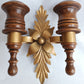 Vintage Wall Mounted Pair Homco Double Candle Holder Sconces Wood Brass Gold Leaf Accent