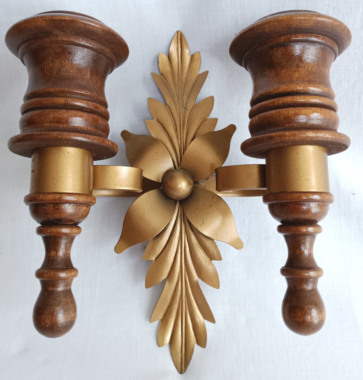 Vintage Wall Mounted Pair Homco Double Candle Holder Sconces Wood Brass Gold Leaf Accent