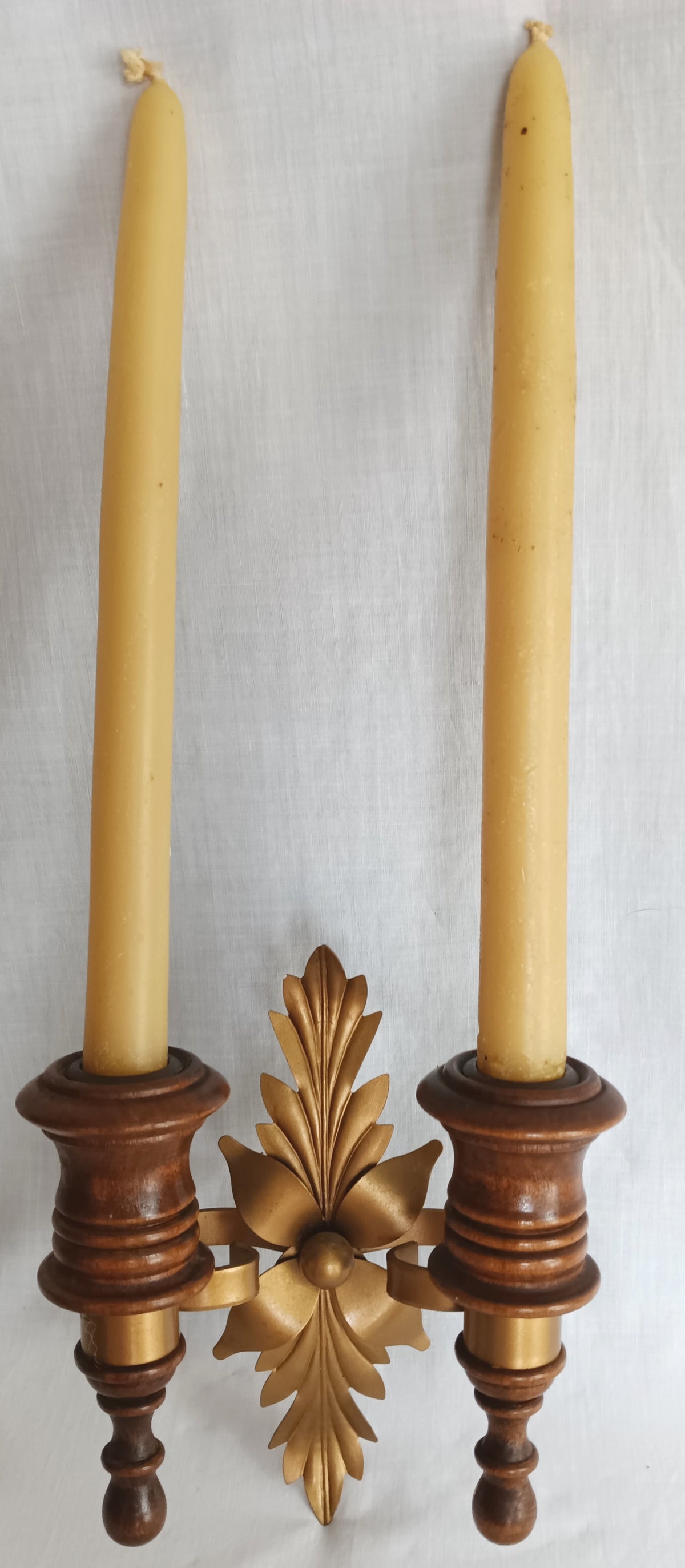 Vintage Wall Mounted Pair Homco Double Candle Holder Sconces Wood Brass Gold Leaf Accent