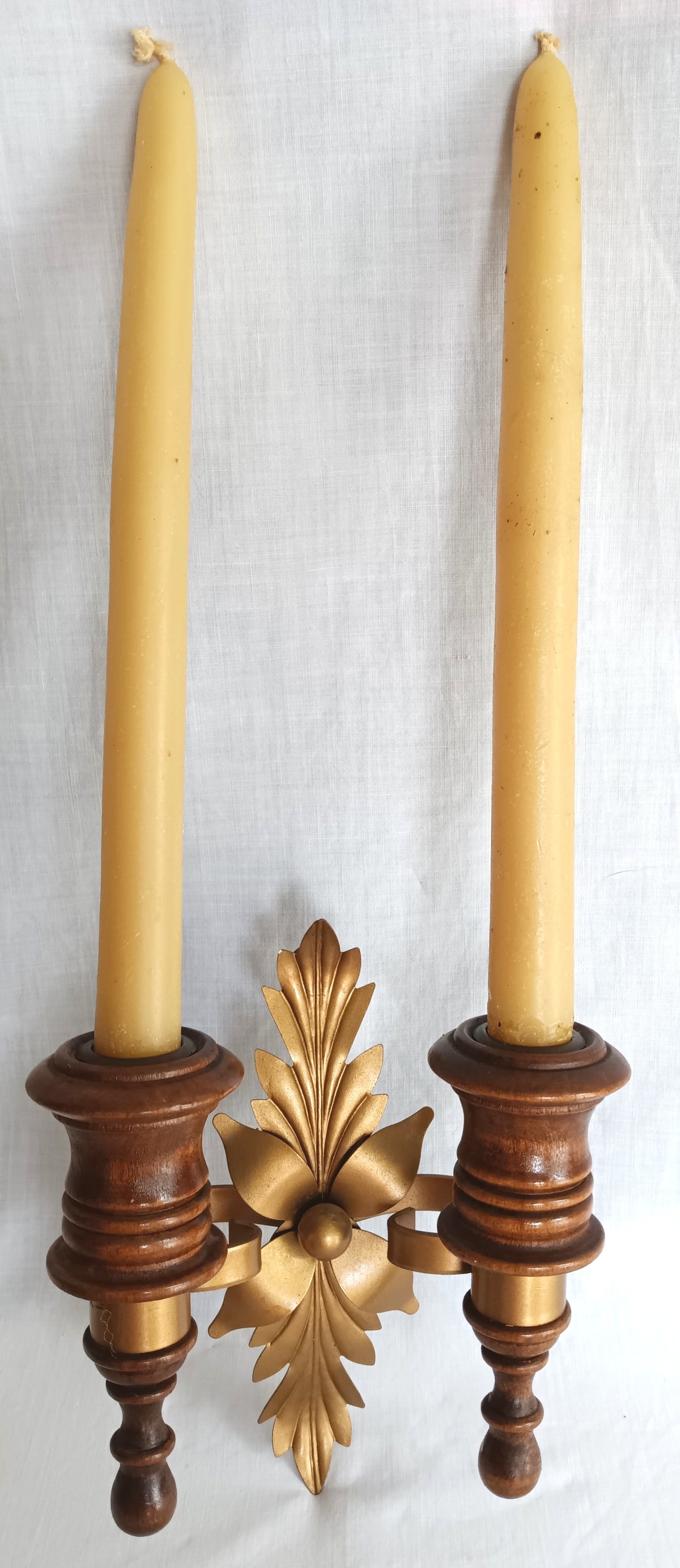 Vintage Wall Mounted Pair Homco Double Candle Holder Sconces Wood Brass Gold Leaf Accent