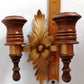 Vintage Wall Mounted Pair Homco Double Candle Holder Sconces Wood Brass Gold Leaf Accent