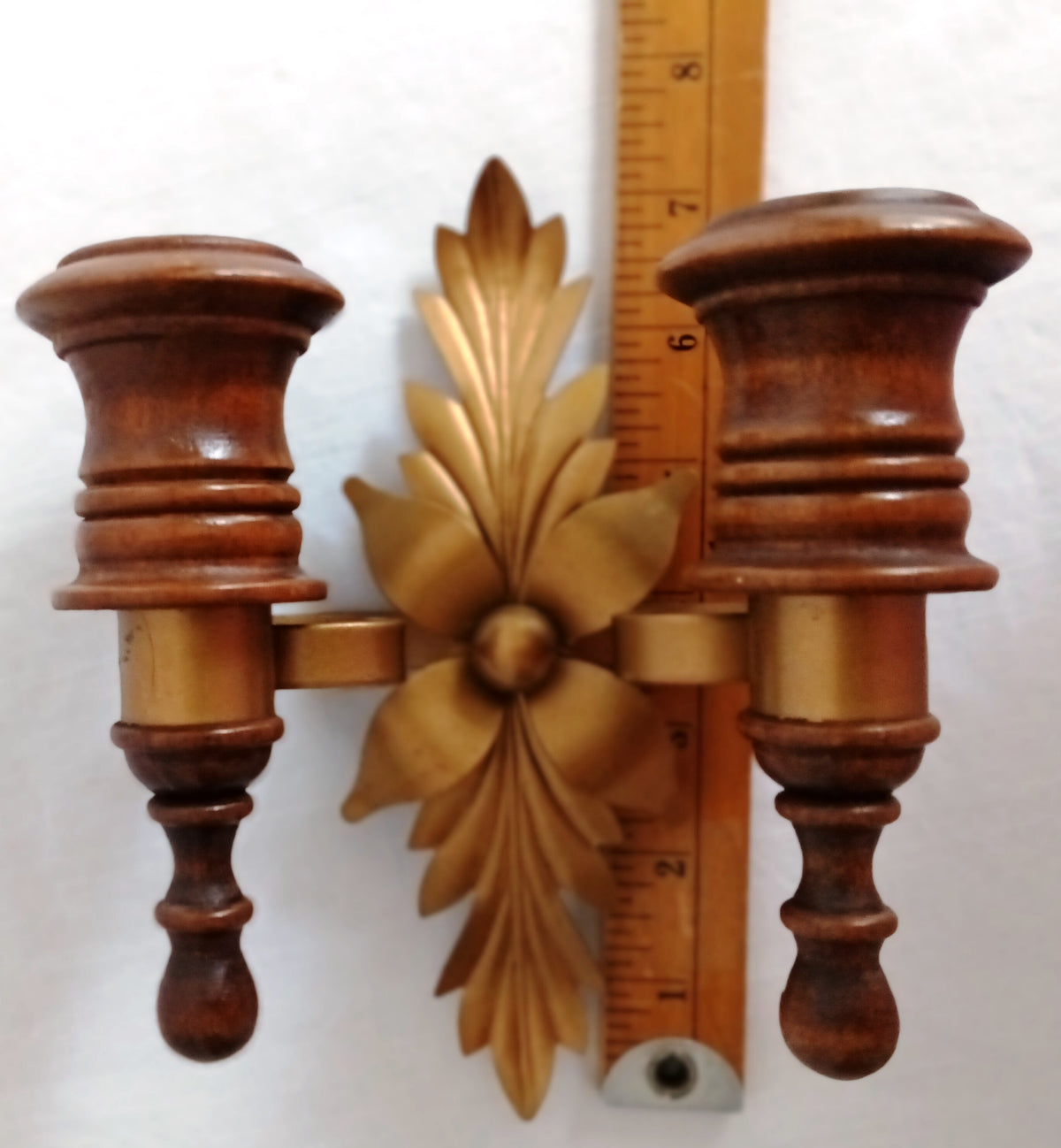 Vintage Wall Mounted Pair Homco Double Candle Holder Sconces Wood Brass Gold Leaf Accent