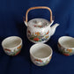 Vintage Japanese Ceramic Teapot Bamboo Handle 3 Sake Cups Hand Painted Transferred Enamel Gilt Peacocks Flowers Design