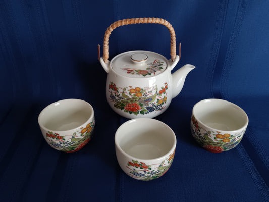 Vintage Japanese Ceramic Teapot Bamboo Handle 3 Sake Cups Hand Painted Transferred Enamel Gilt Peacocks Flowers Design