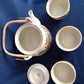 Vintage Japanese Ceramic Teapot Bamboo Handle 3 Sake Cups Hand Painted Transferred Enamel Gilt Peacocks Flowers Design