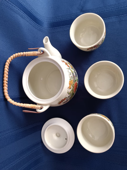 Vintage Japanese Ceramic Teapot Bamboo Handle 3 Sake Cups Hand Painted Transferred Enamel Gilt Peacocks Flowers Design