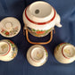 Vintage Japanese Ceramic Teapot Bamboo Handle 3 Sake Cups Hand Painted Transferred Enamel Gilt Peacocks Flowers Design