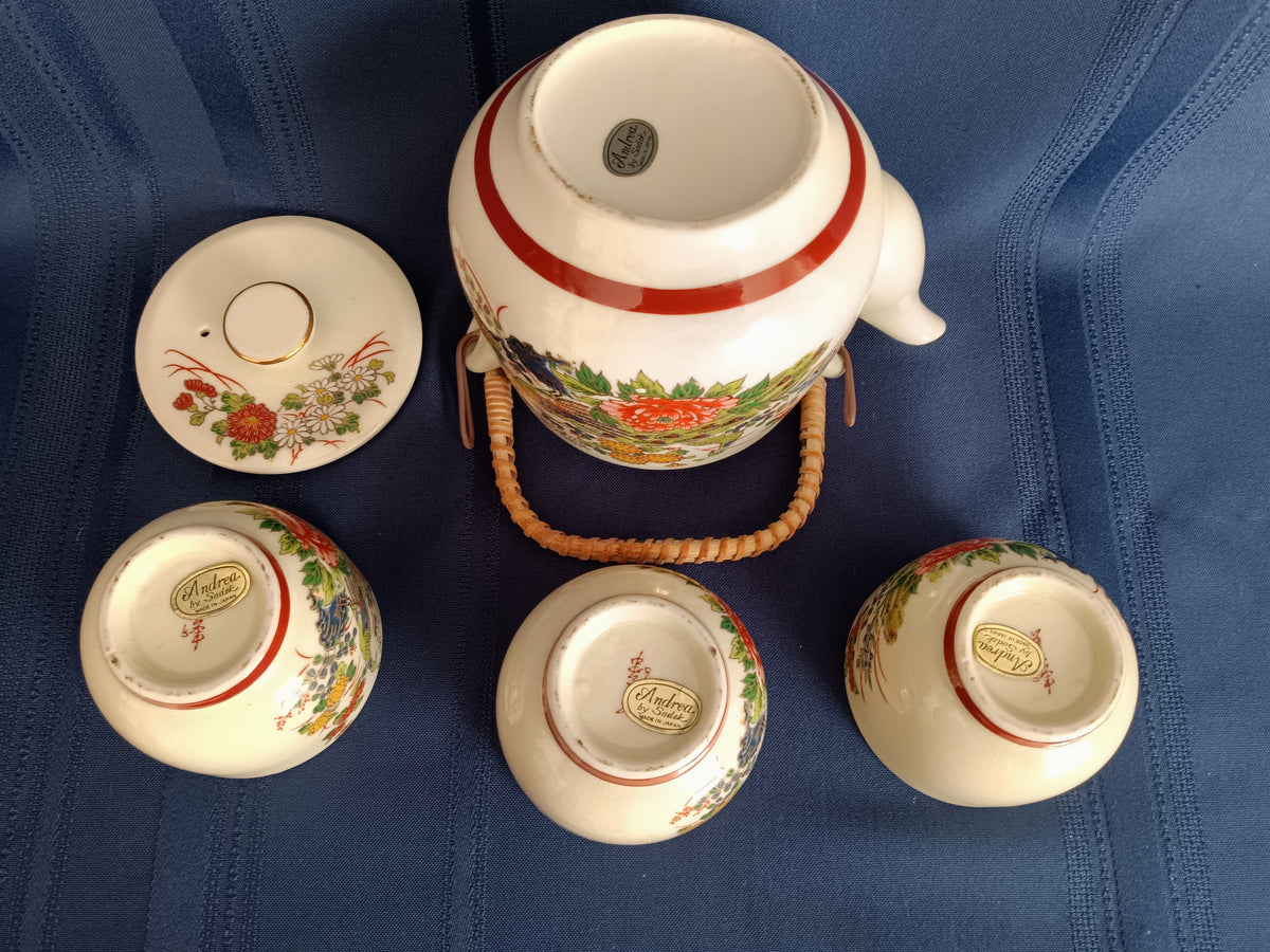 Vintage Japanese Ceramic Teapot Bamboo Handle 3 Sake Cups Hand Painted Transferred Enamel Gilt Peacocks Flowers Design