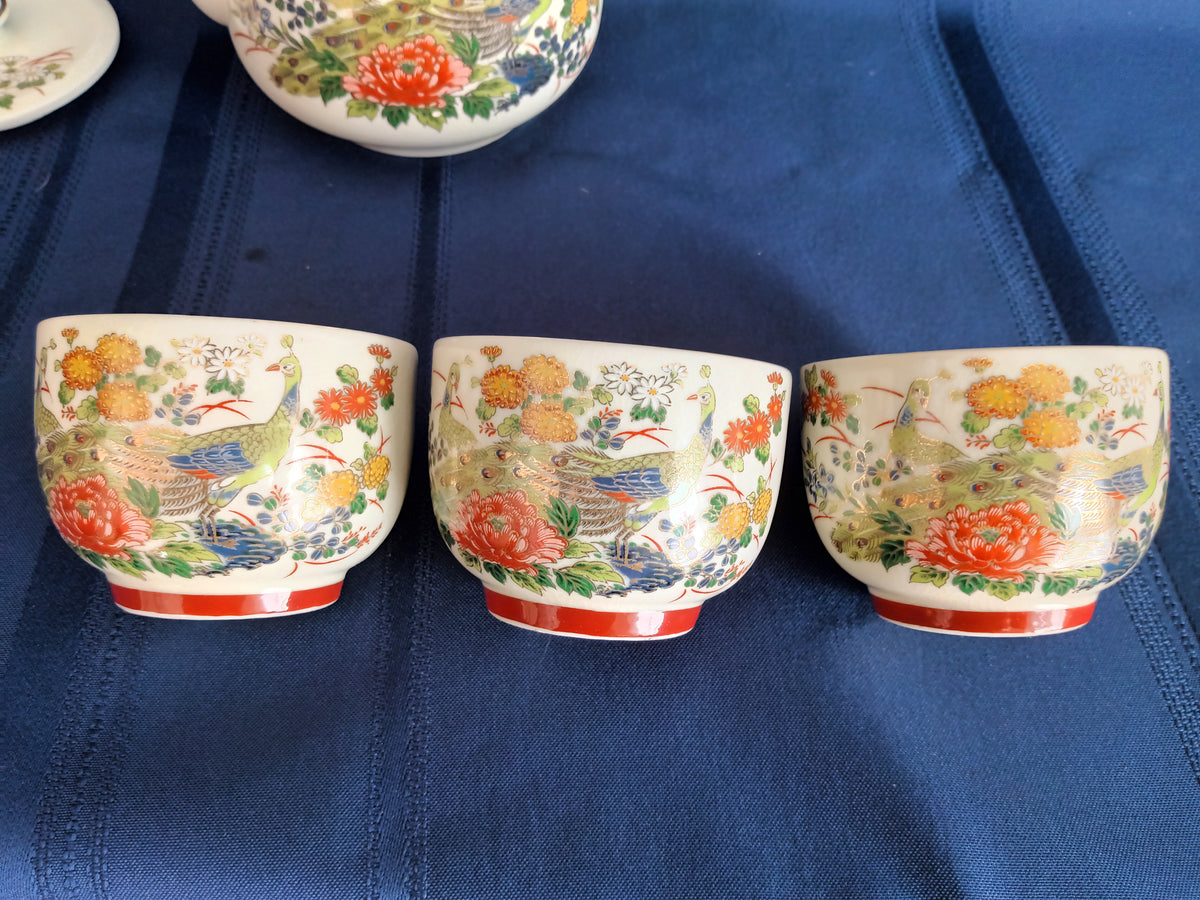 Vintage Japanese Ceramic Teapot Bamboo Handle 3 Sake Cups Hand Painted Transferred Enamel Gilt Peacocks Flowers Design