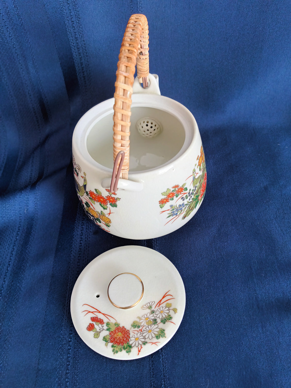Vintage Japanese Ceramic Teapot Bamboo Handle 3 Sake Cups Hand Painted Transferred Enamel Gilt Peacocks Flowers Design