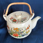 Vintage Japanese Ceramic Teapot Bamboo Handle 3 Sake Cups Hand Painted Transferred Enamel Gilt Peacocks Flowers Design