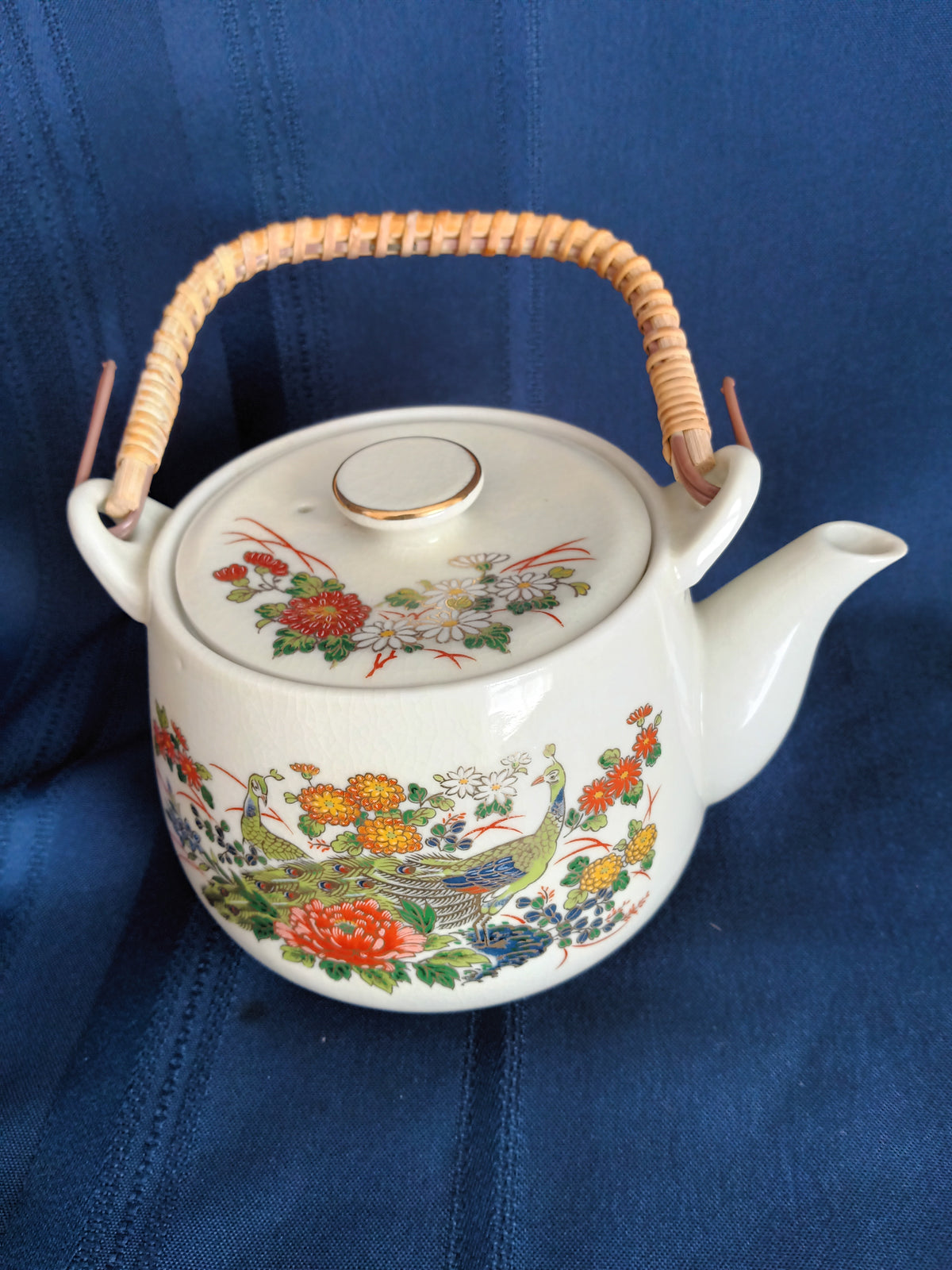 Vintage Japanese Ceramic Teapot Bamboo Handle 3 Sake Cups Hand Painted Transferred Enamel Gilt Peacocks Flowers Design