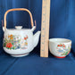 Vintage Japanese Ceramic Teapot Bamboo Handle 3 Sake Cups Hand Painted Transferred Enamel Gilt Peacocks Flowers Design