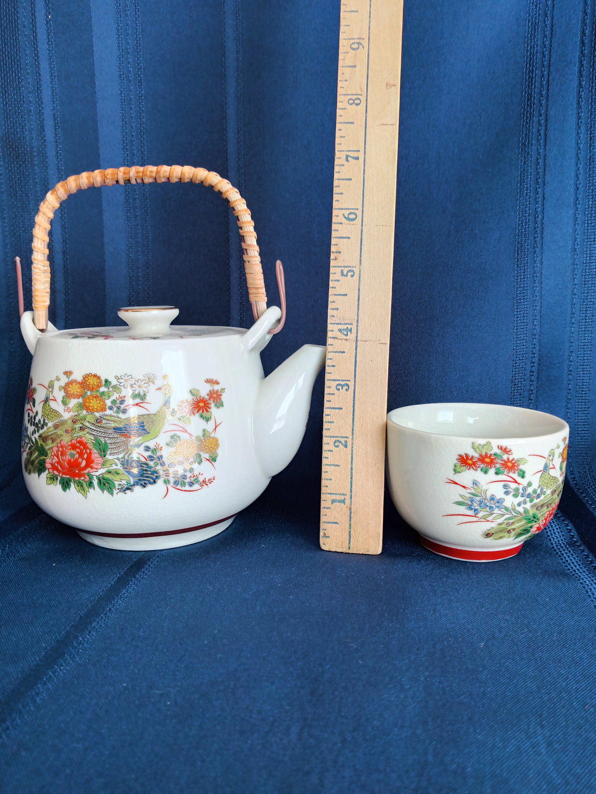Vintage Japanese Ceramic Teapot Bamboo Handle 3 Sake Cups Hand Painted Transferred Enamel Gilt Peacocks Flowers Design