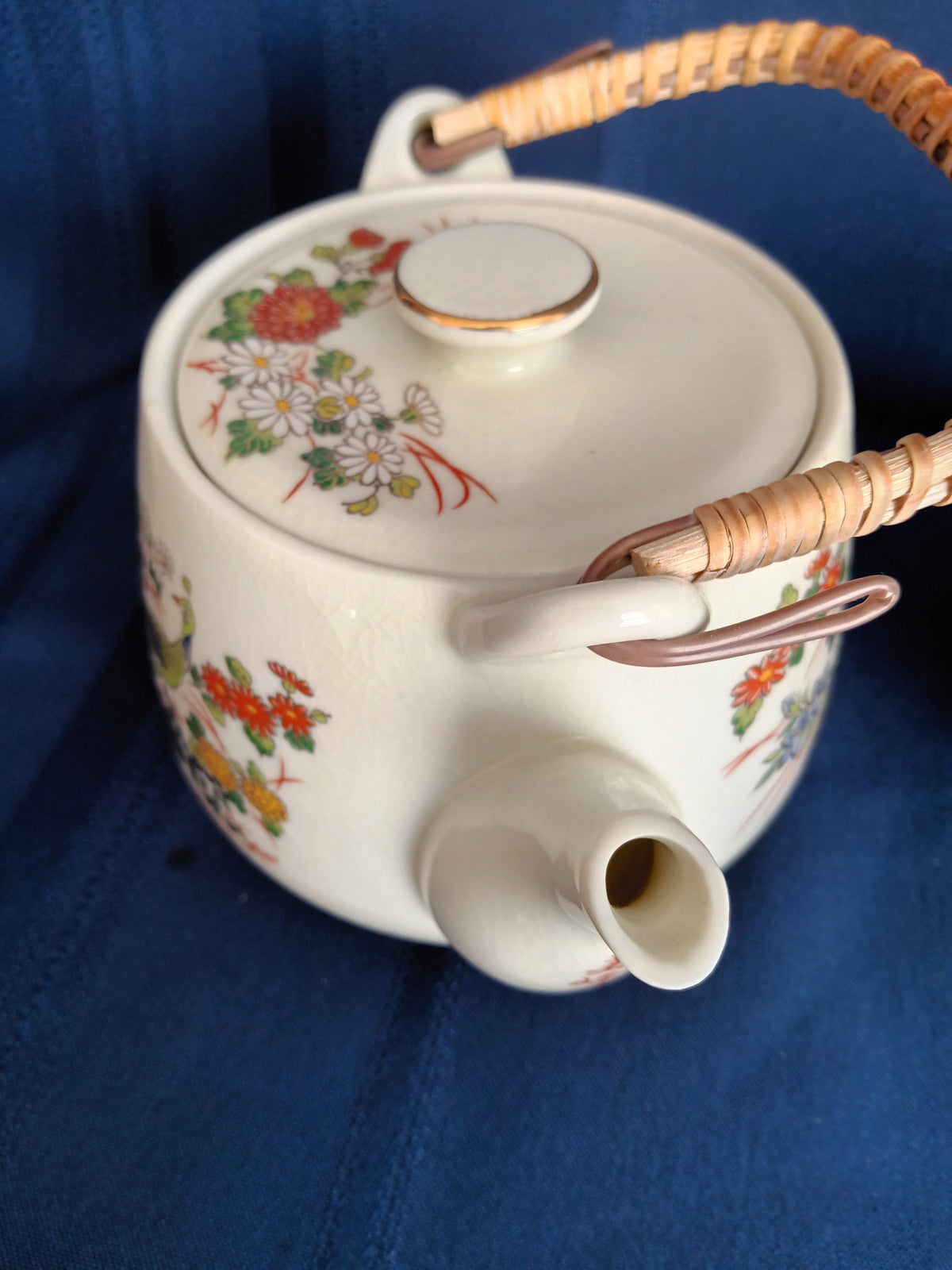 Vintage Japanese Ceramic Teapot Bamboo Handle 3 Sake Cups Hand Painted Transferred Enamel Gilt Peacocks Flowers Design