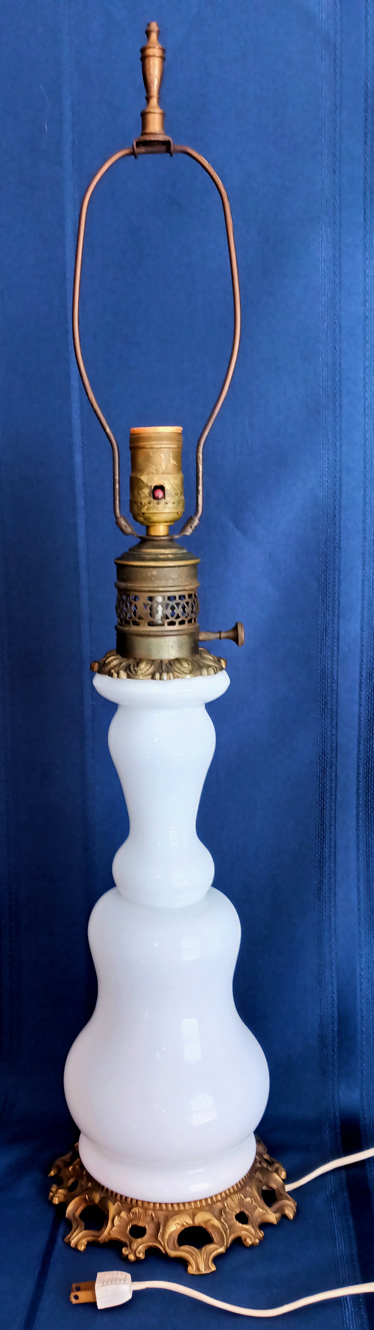 Vintage French Baccarat Style Table Lamp Milk Glass Opaline Ornate Bronze Ormolu Mount Base Harp Finial Art Glass