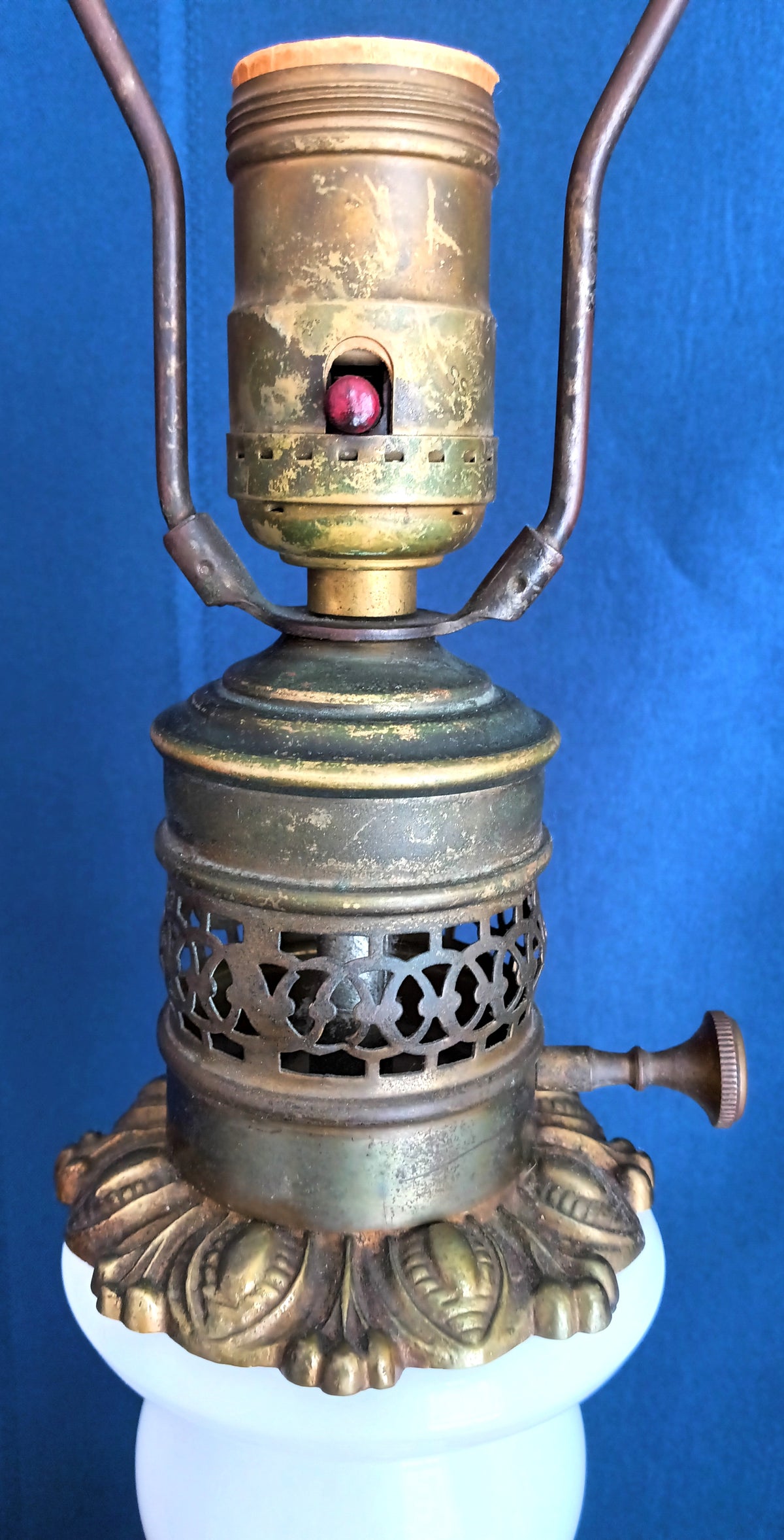 Vintage French Baccarat Style Table Lamp Milk Glass Opaline Ornate Bronze Ormolu Mount Base Harp Finial Art Glass