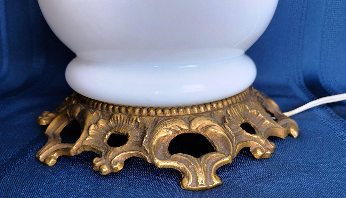 Vintage French Baccarat Style Table Lamp Milk Glass Opaline Ornate Bronze Ormolu Mount Base Harp Finial Art Glass