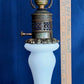 Vintage French Baccarat Style Table Lamp Milk Glass Opaline Ornate Bronze Ormolu Mount Base Harp Finial Art Glass