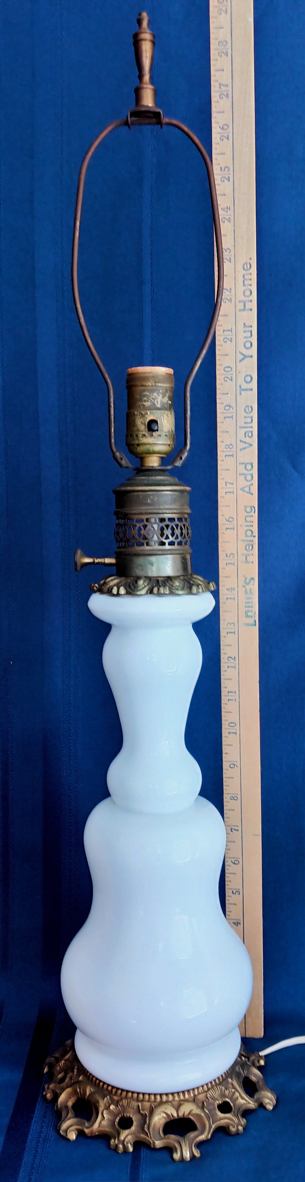 Vintage French Baccarat Style Table Lamp Milk Glass Opaline Ornate Bronze Ormolu Mount Base Harp Finial Art Glass