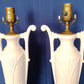 Pair Hollywood Regency Neoclassical Style Trophy Amphora 3 Way Table Lamps White Lacquer Cast Iron Brass Harp Finial-30 in Tall