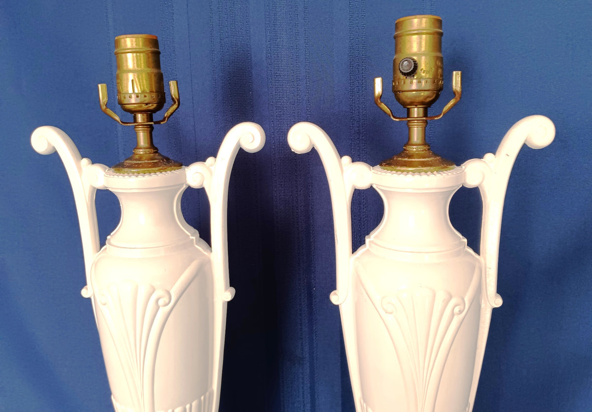 Pair Hollywood Regency Neoclassical Style Trophy Amphora 3 Way Table Lamps White Lacquer Cast Iron Brass Harp Finial-30 in Tall