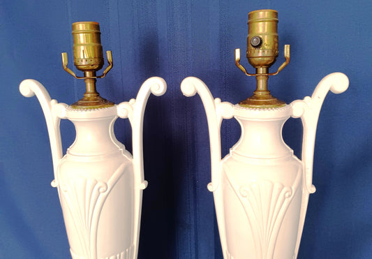 Pair Hollywood Regency Neoclassical Style Trophy Amphora 3 Way Table Lamps White Lacquer Cast Iron Brass Harp Finial-30 in Tall