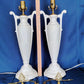Pair Hollywood Regency Neoclassical Style Trophy Amphora 3 Way Table Lamps White Lacquer Cast Iron Brass Harp Finial-30 in Tall