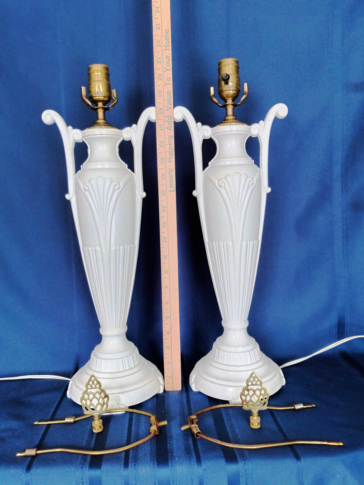 Pair Hollywood Regency Neoclassical Style Trophy Amphora 3 Way Table Lamps White Lacquer Cast Iron Brass Harp Finial-30 in Tall