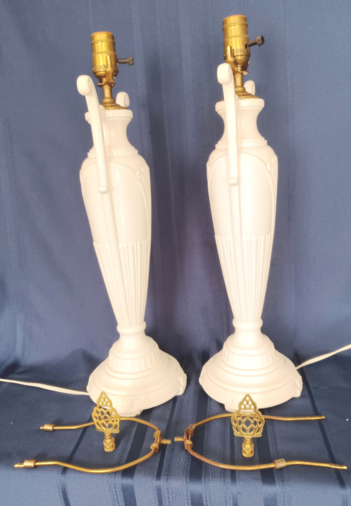 Pair Hollywood Regency Neoclassical Style Trophy Amphora 3 Way Table Lamps White Lacquer Cast Iron Brass Harp Finial-30 in Tall