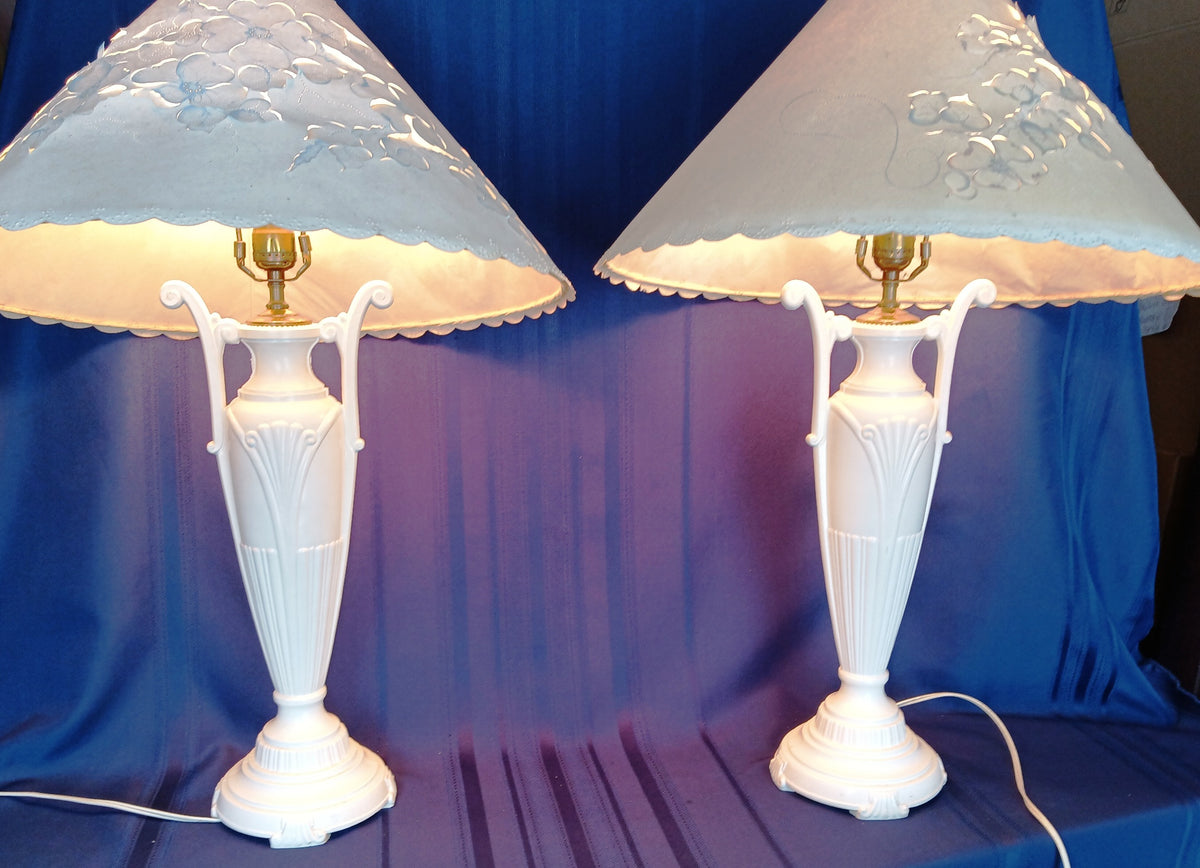 Pair Hollywood Regency Neoclassical Style Trophy Amphora 3 Way Table Lamps White Lacquer Cast Iron Brass Harp Finial-30 in Tall