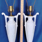 Pair Hollywood Regency Neoclassical Style Trophy Amphora 3 Way Table Lamps White Lacquer Cast Iron Brass Harp Finial-30 in Tall