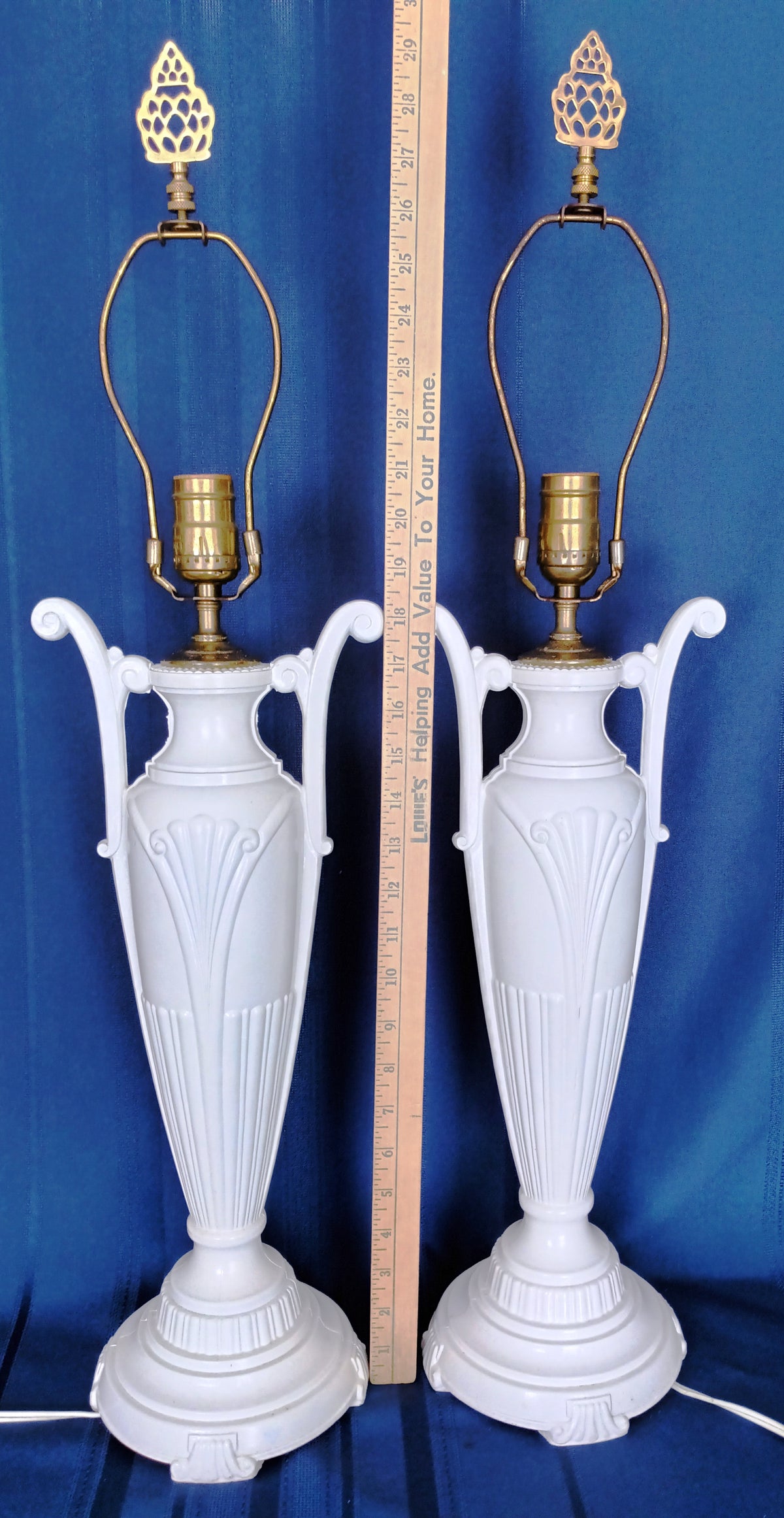 Pair Hollywood Regency Neoclassical Style Trophy Amphora 3 Way Table Lamps White Lacquer Cast Iron Brass Harp Finial-30 in Tall