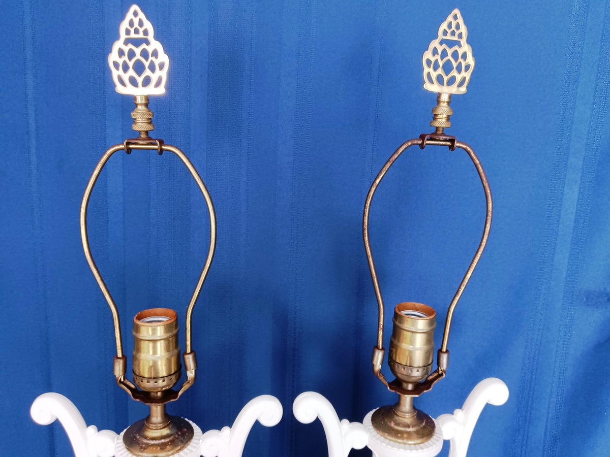 Pair Hollywood Regency Neoclassical Style Trophy Amphora 3 Way Table Lamps White Lacquer Cast Iron Brass Harp Finial-30 in Tall