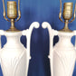 Pair Hollywood Regency Neoclassical Style Trophy Amphora 3 Way Table Lamps White Lacquer Cast Iron Brass Harp Finial-30 in Tall