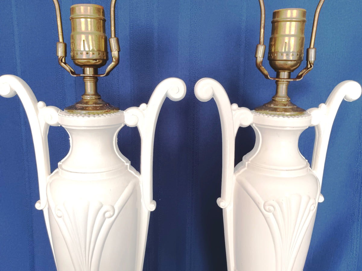 Pair Hollywood Regency Neoclassical Style Trophy Amphora 3 Way Table Lamps White Lacquer Cast Iron Brass Harp Finial-30 in Tall