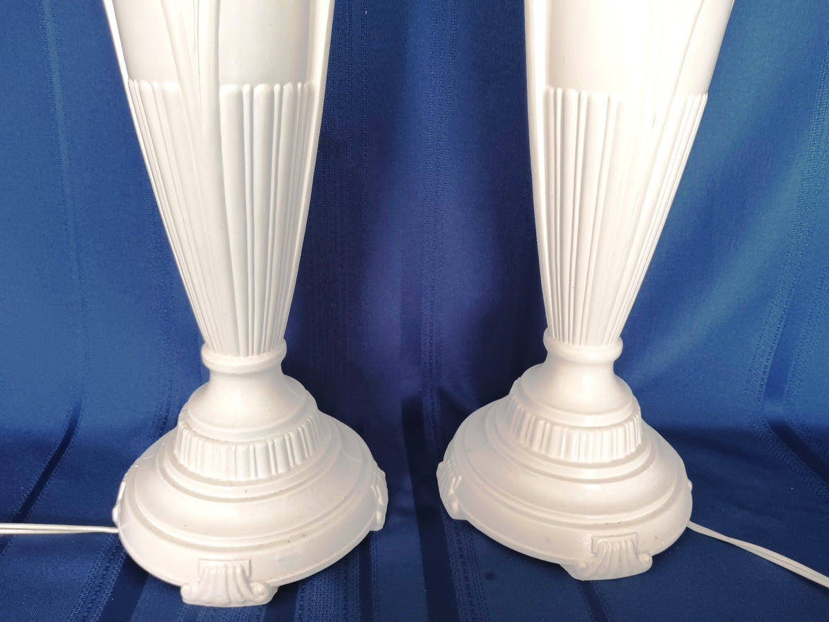 Pair Hollywood Regency Neoclassical Style Trophy Amphora 3 Way Table Lamps White Lacquer Cast Iron Brass Harp Finial-30 in Tall