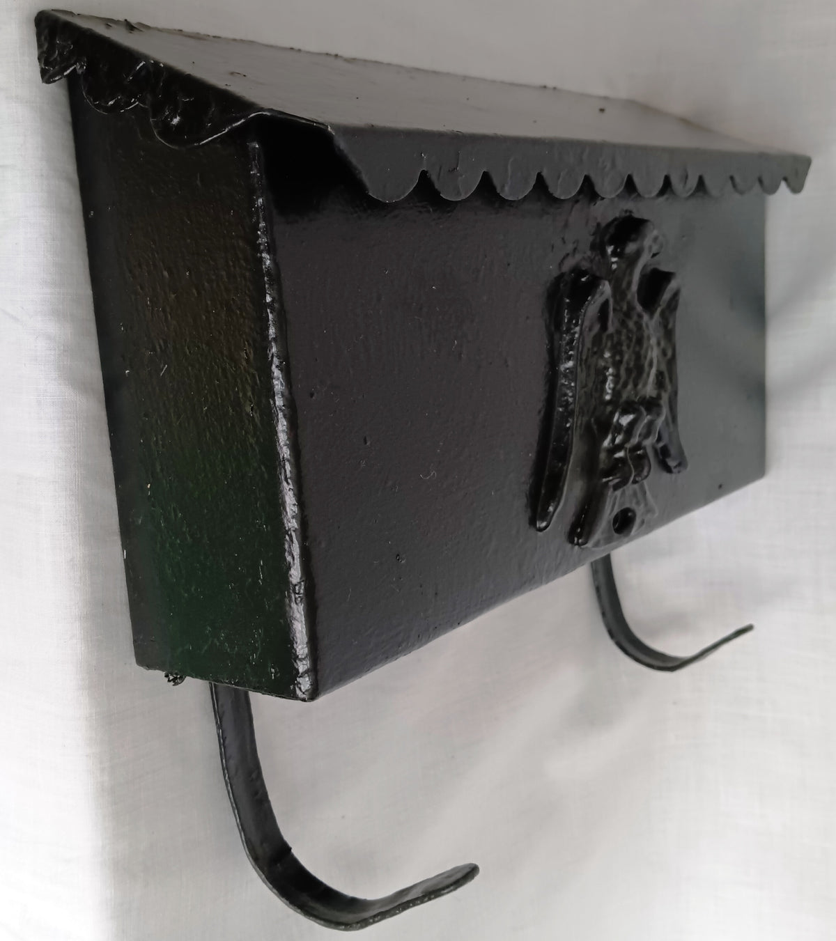 Vintage Wall Mounted Metal Mailbox Scalloped Lid Federal American Eagle Emblem Metal Curved Hooks Retro 12” Wide