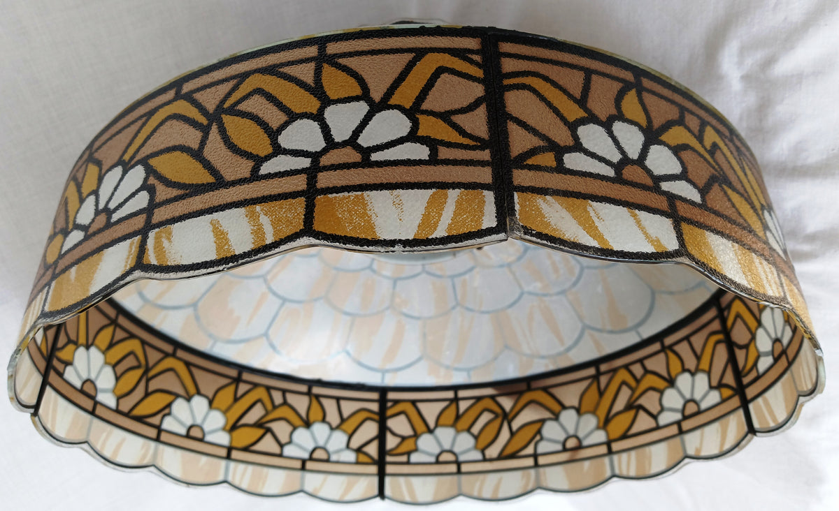Tiffany Style Hanging Pendant Swag Textured Glass Decal Fish Scale Pattern Floral Milk Glass Globe Iron Chain Canopy