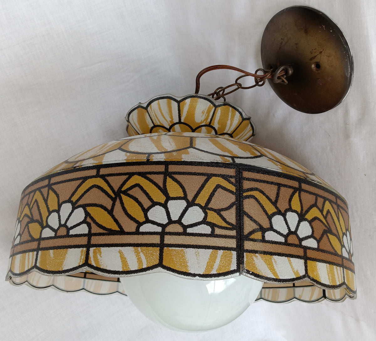 Tiffany Style Hanging Pendant Swag Textured Glass Decal Fish Scale Pattern Floral Milk Glass Globe Iron Chain Canopy