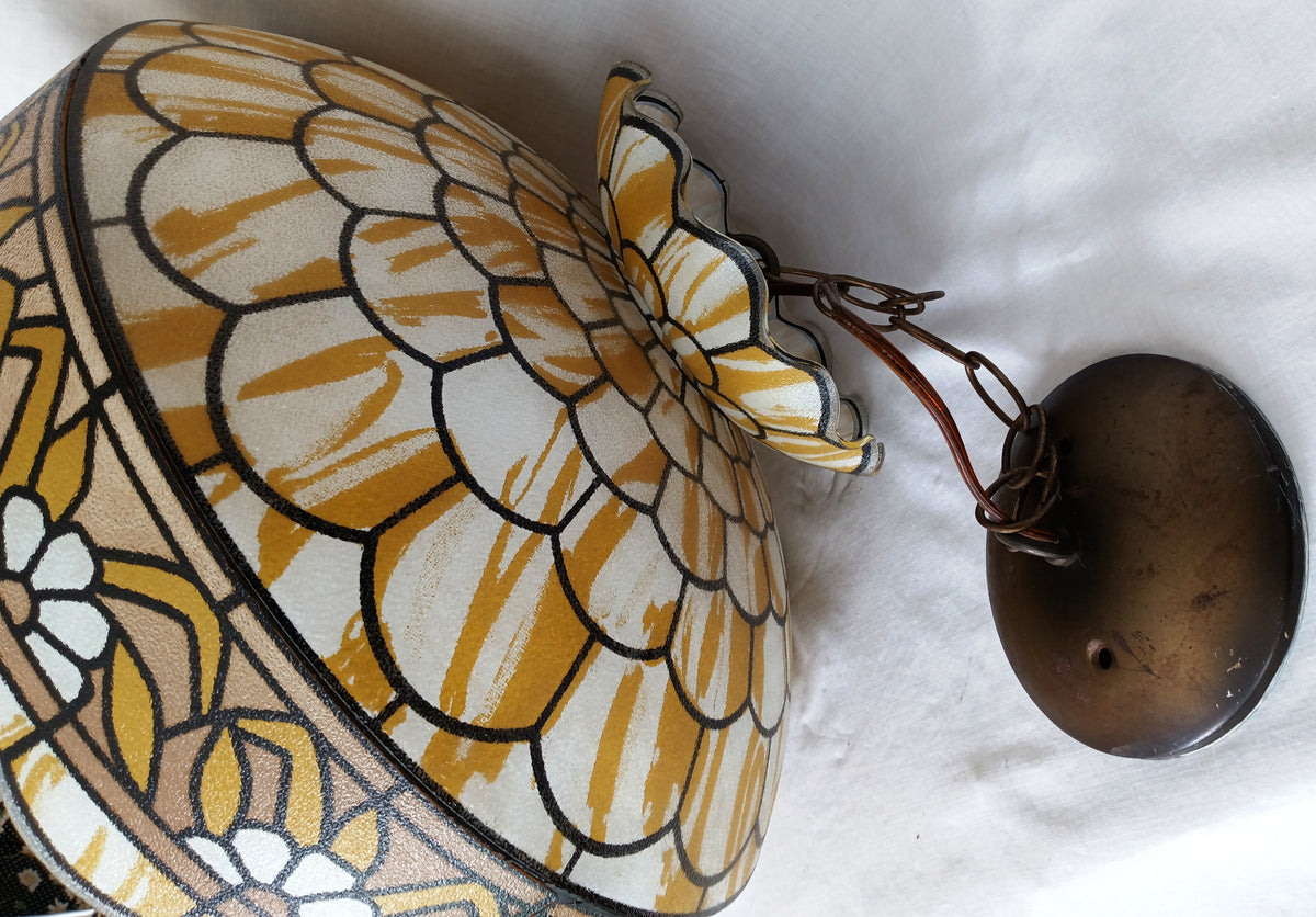Tiffany Style Hanging Pendant Swag Textured Glass Decal Fish Scale Pattern Floral Milk Glass Globe Iron Chain Canopy