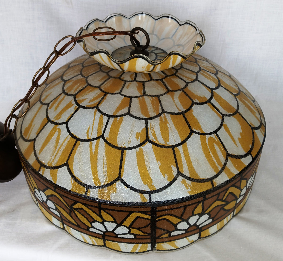 Tiffany Style Hanging Pendant Swag Textured Glass Decal Fish Scale Pattern Floral Milk Glass Globe Iron Chain Canopy