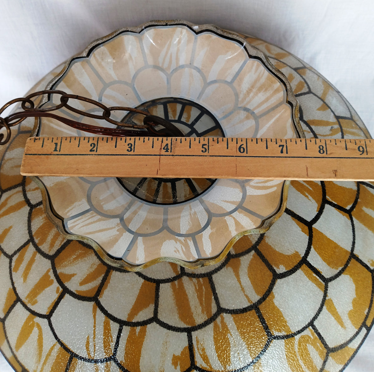 Tiffany Style Hanging Pendant Swag Textured Glass Decal Fish Scale Pattern Floral Milk Glass Globe Iron Chain Canopy