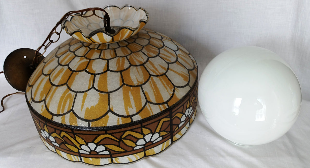 Tiffany Style Hanging Pendant Swag Textured Glass Decal Fish Scale Pattern Floral Milk Glass Globe Iron Chain Canopy