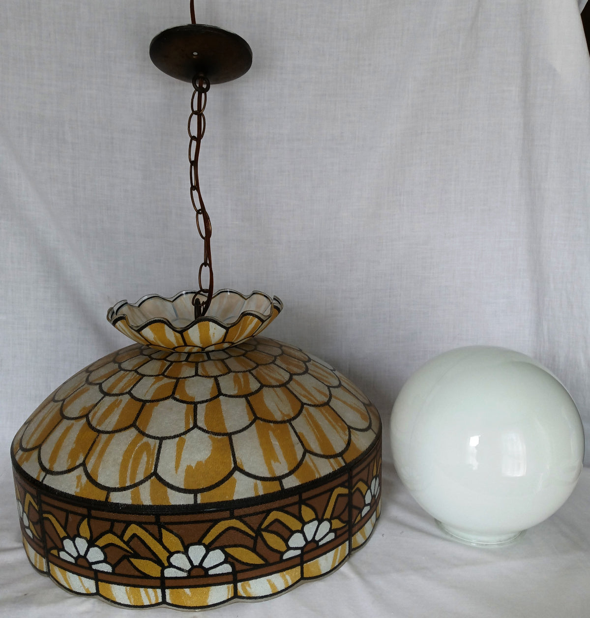 Tiffany Style Hanging Pendant Swag Textured Glass Decal Fish Scale Pattern Floral Milk Glass Globe Iron Chain Canopy