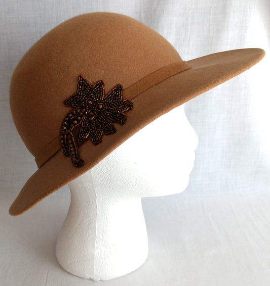 Vintage Wool Felt Bowler Cloche Style Women's Hat Camel Tan Shade Ribbon Band Beaded Decorative Side Accent Small Size -Made in USA