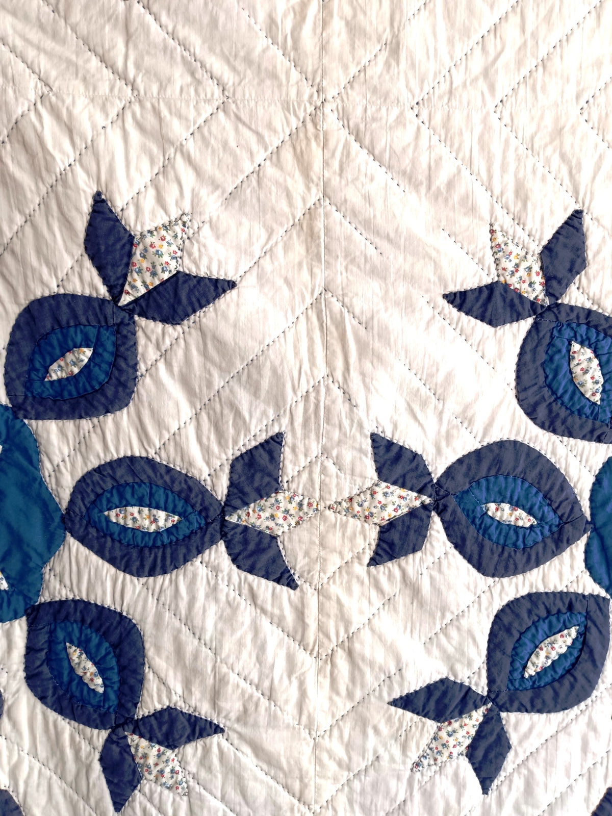Vintage Hand Stitched Appliqué Cotton Quilt Two Tone Blue Floral Pattern Grandmother’s Dream Style Light Blanket 60 W x 86 L