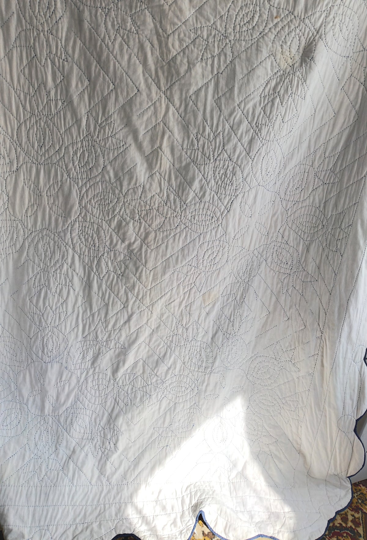 Vintage Hand Stitched Appliqué Cotton Quilt Two Tone Blue Floral Pattern Grandmother’s Dream Style Light Blanket 60 W x 86 L