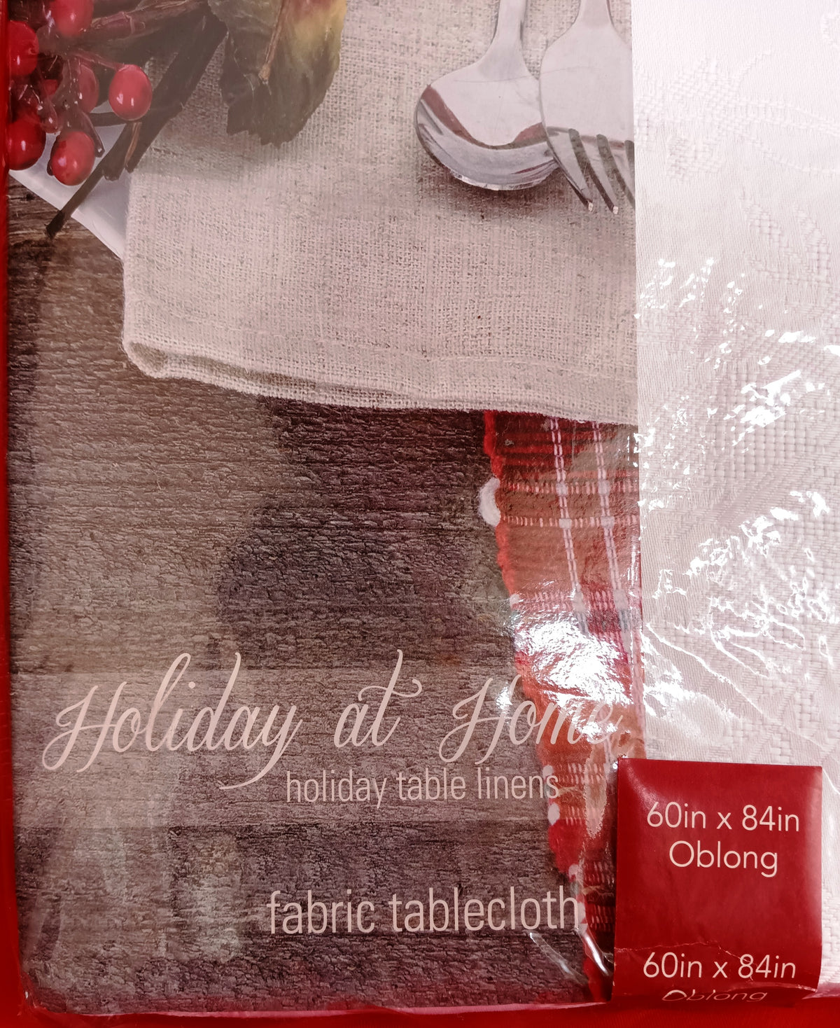 Vintage Holiday at Home Christmas Carol Damask Rectangle Tablecloth White Berry Leaves Noel Design Polyester 60 x 84-NIP